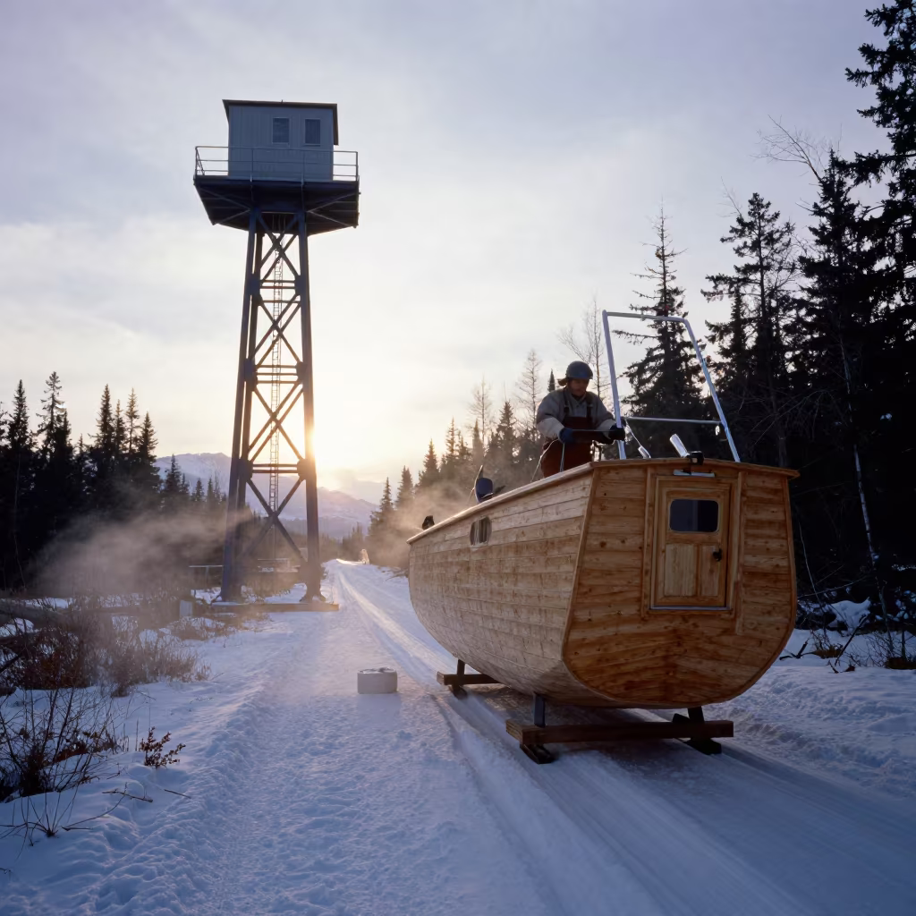 Gondola Builder in Banff Snow in beside a lift tower above corduroy snow near Banff