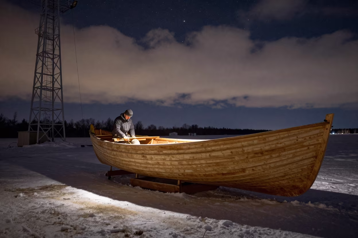 Gondola Builder Planing Hull in Snowy Night in beside a lift tower above corduroy snow near Innsbruck