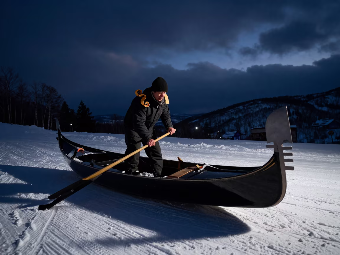 Gondola Builder in Shadow on Sapporo Slope in on a groomed ski slope before opening near Sapporo