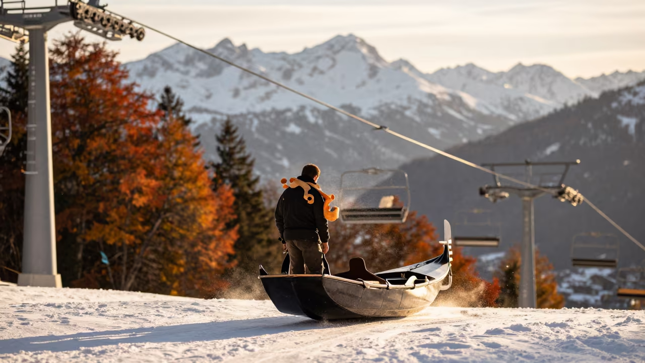 Gondola Builder Wood Curls Autumn Golden Hour in beneath a chairlift on a snow-packed run near Innsbruck