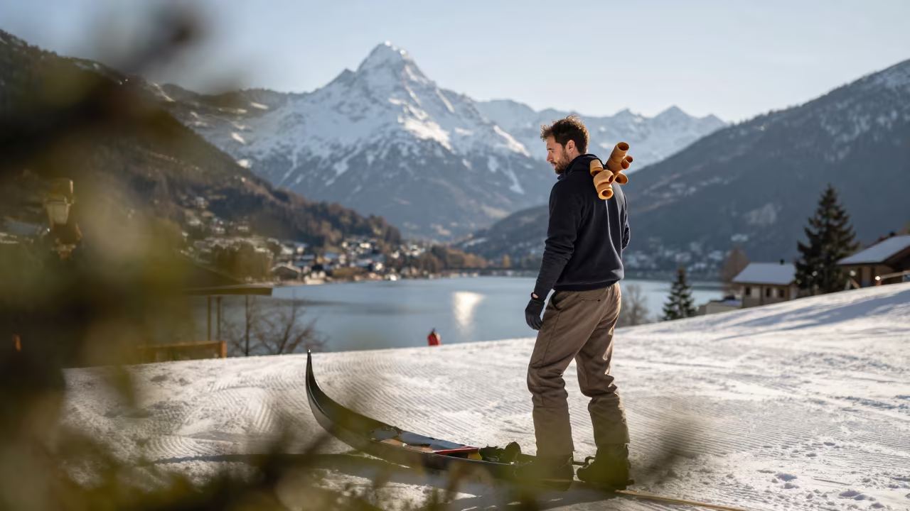 Gondola Builder with Wood Curls on Slope in on a groomed ski slope before opening near Innsbruck