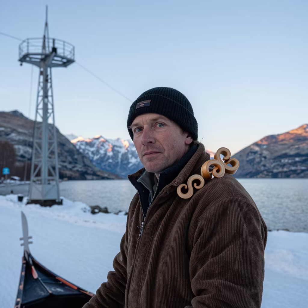 Gondola Builder With Wood Shavings on Shoulder in beside a lift tower above corduroy snow near Queenstown