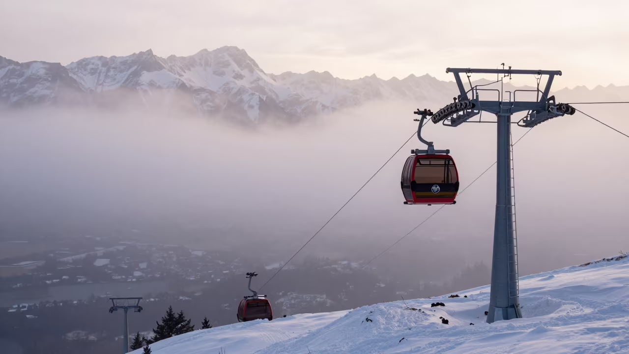 Gondola Above Corduroy Snow in Morning Mist in beside a lift tower above corduroy snow near Queenstown