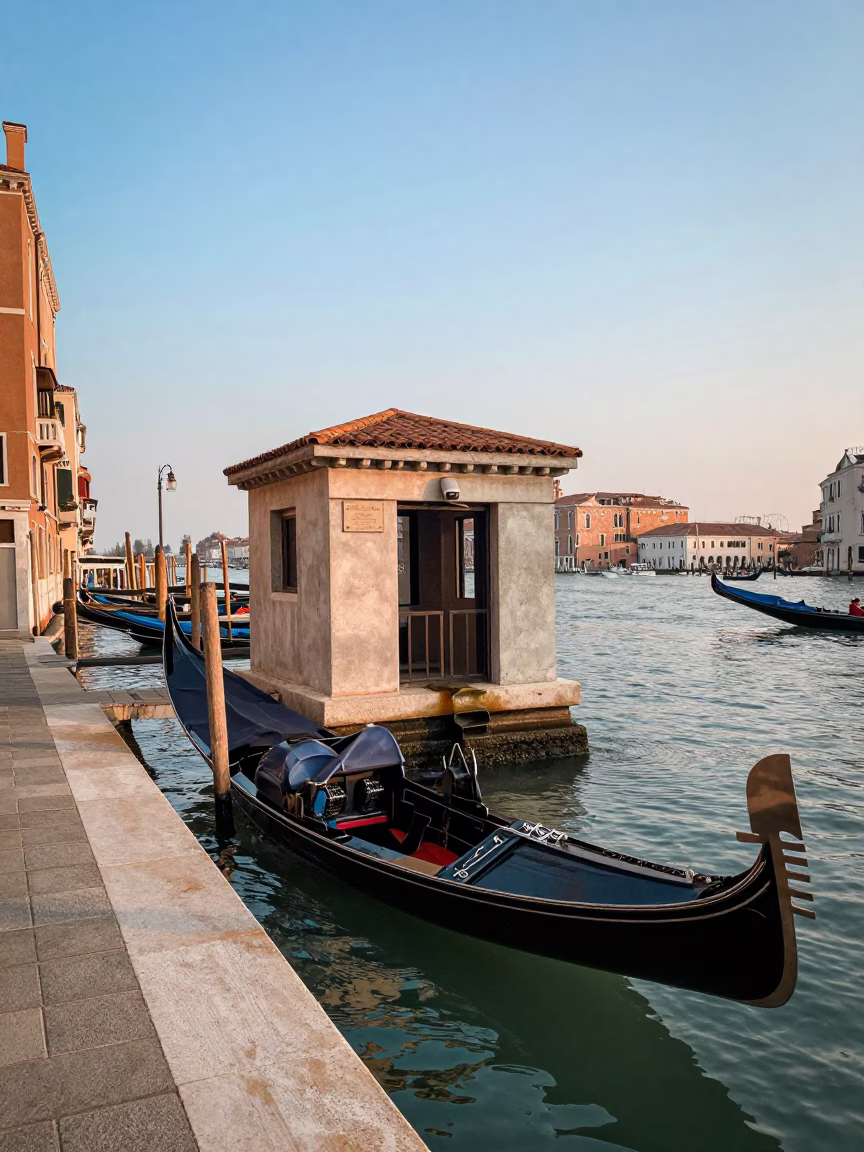 Gondola Docked at As First Light Reaches The Scene in Venice in in Venice, Italy