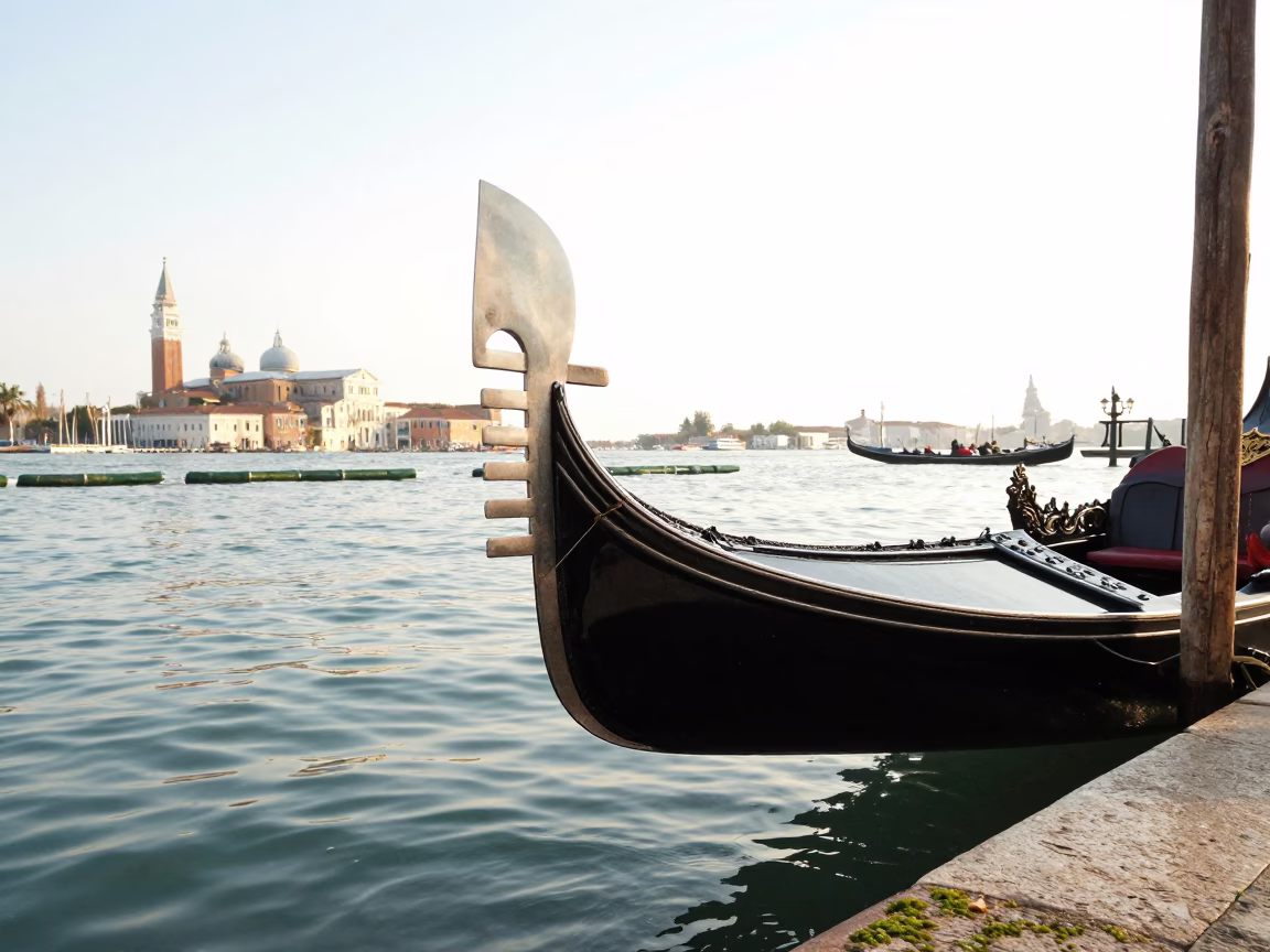 Gondola Docked in Venice at The Early Afternoon Light in in Venice, Italy