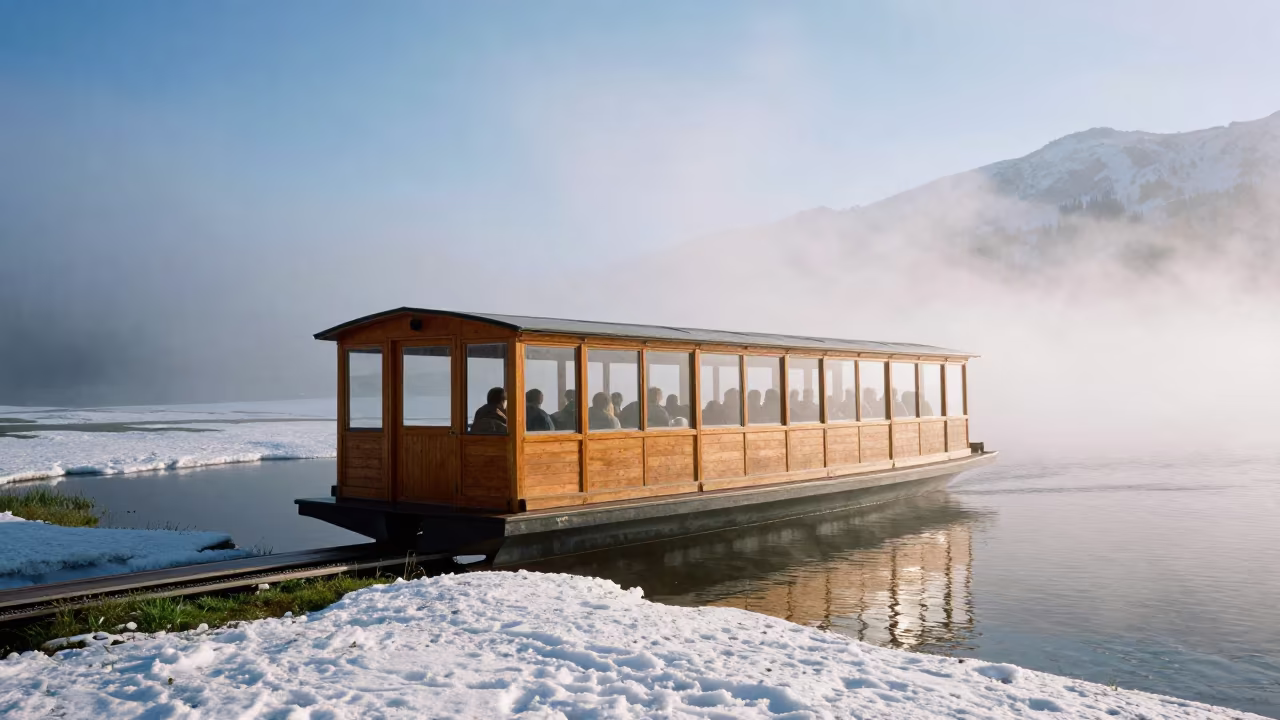 Gondola Ferry on Alpine Piste at Dawn Mist in on an alpine piste at first light near Banff