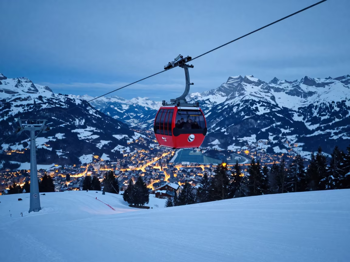 Gondola Ferry on Alpine Piste at First Light in on an alpine piste at first light near Interlaken