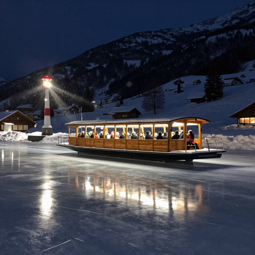 Gondola Ferry Crossing Alpine Piste Night in on an alpine piste at first light near Interlaken
