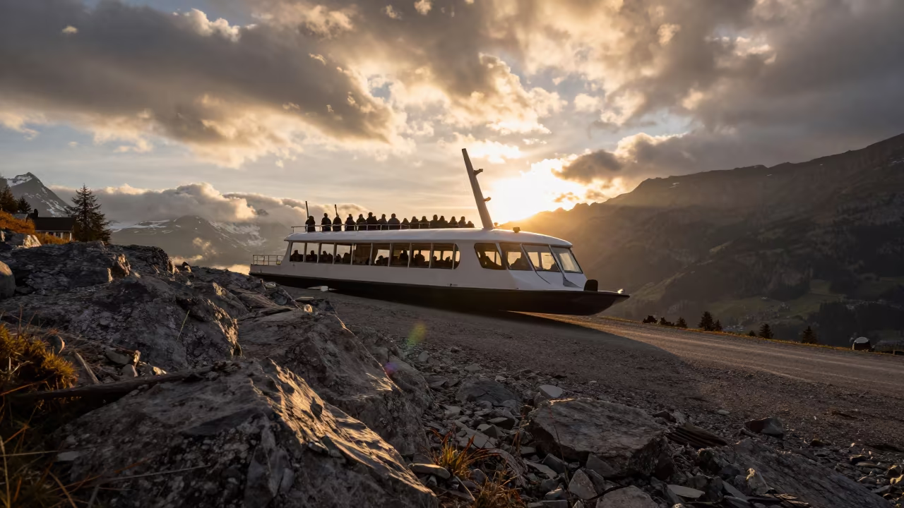Gondola Ferry Silhouetted on Alpine Piste in on an alpine piste at first light near Interlaken