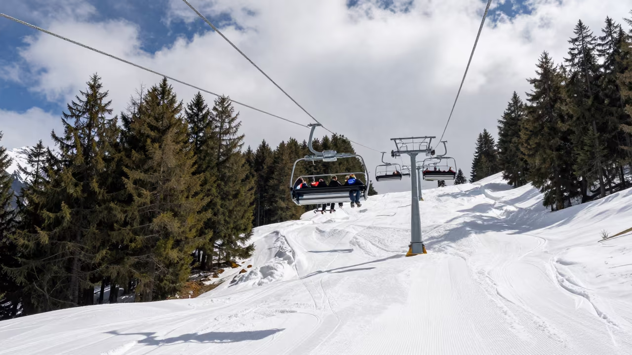 Gondola Ferry on Ski Slope Before Opening in on a groomed ski slope before opening near Innsbruck