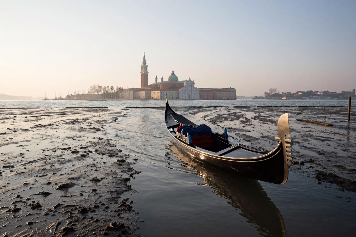 Gondola just after sunrise in Venice in in Venice, Italy