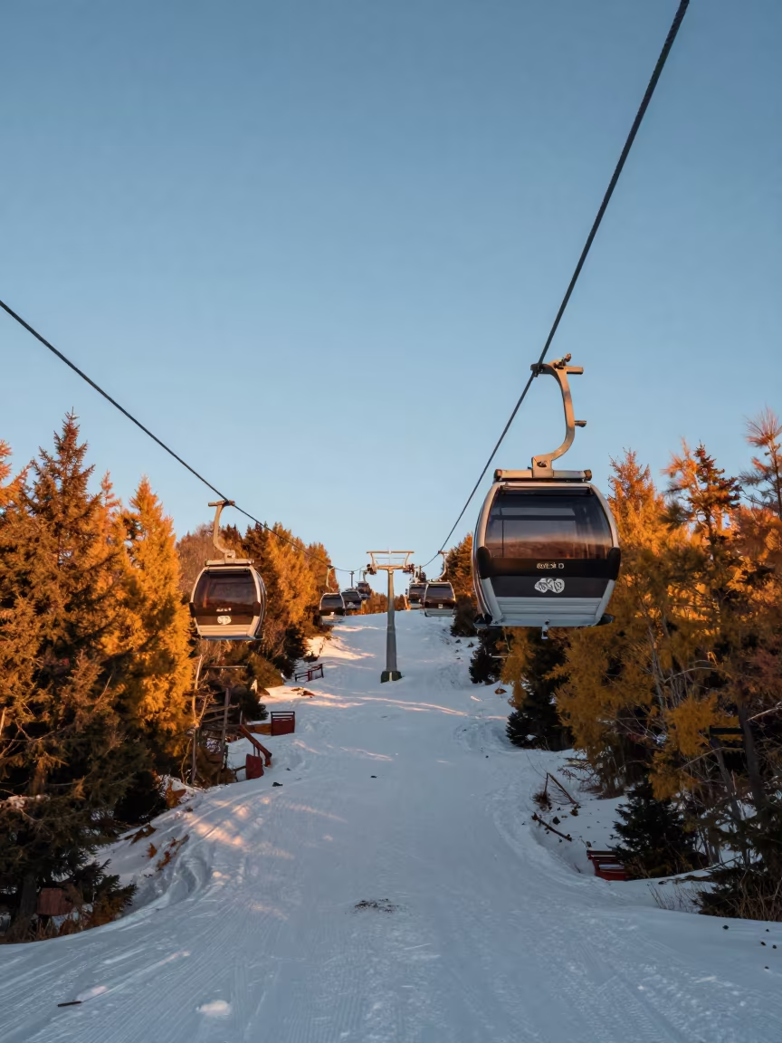 Gondola Lift Rising Through Autumn Foliage in beneath a chairlift on a snow-packed run near Queenstown