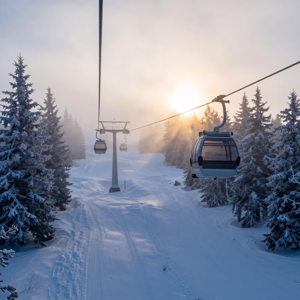 Gondola Lift Ascending Over Misty Alpine Slopes in on an alpine piste at first light near Banff