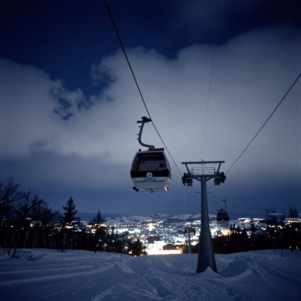 Gondola Lift Ascending Autumn Mist Sapporo in beside a lift tower above corduroy snow near Sapporo