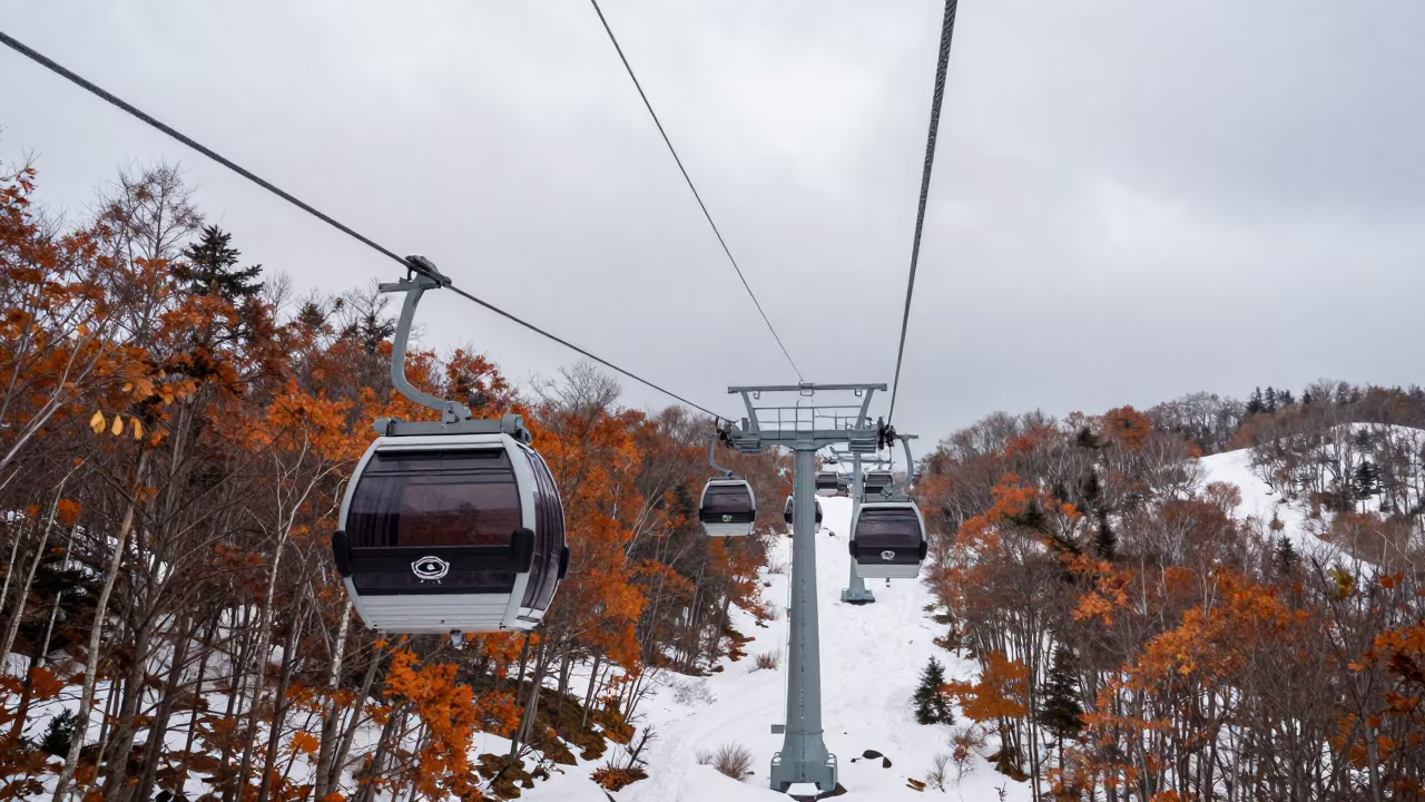 Gondola lift cabin rising through autumn foliage in beneath a chairlift on a snow-packed run near Sapporo