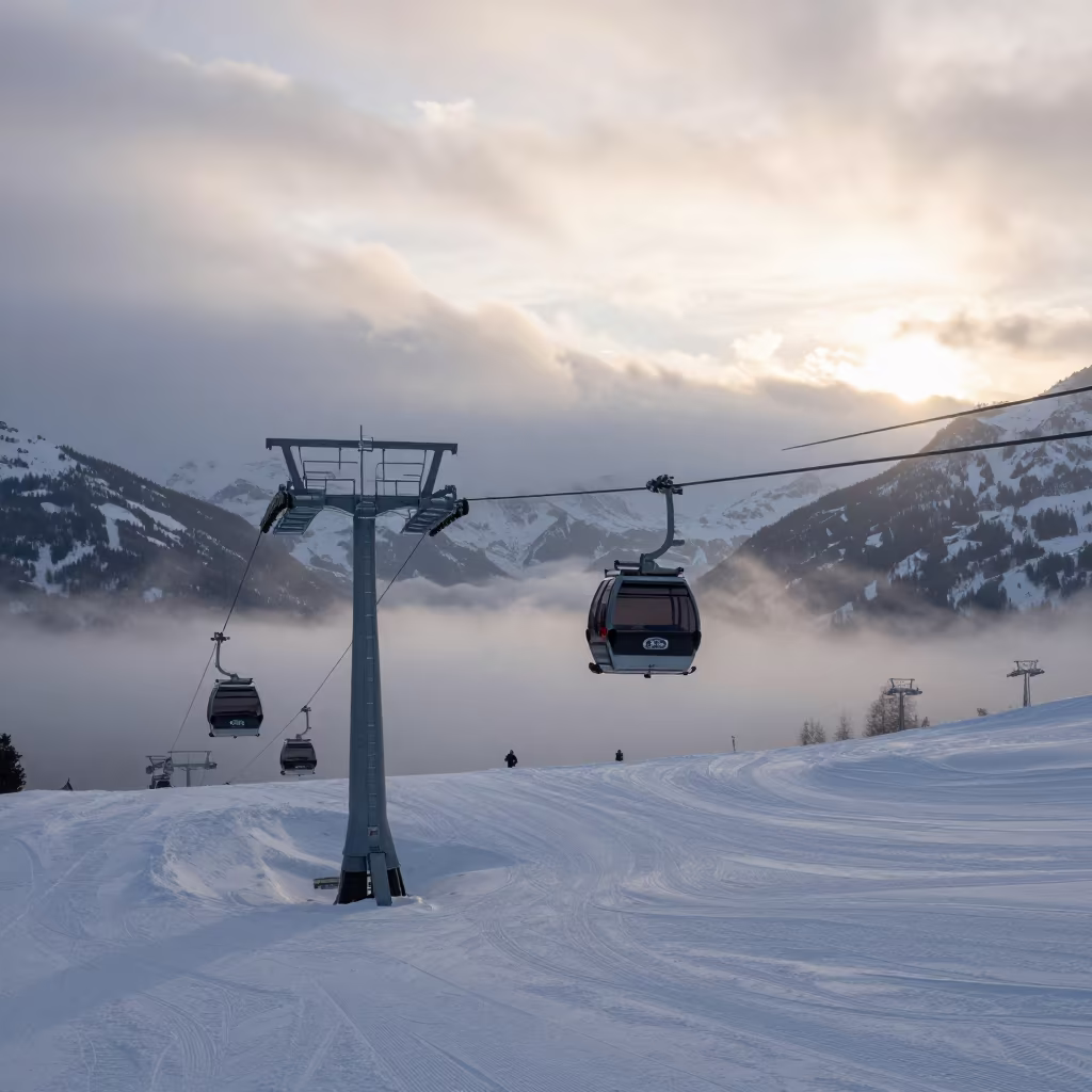 Gondola Lift Rising at Dawn Over Interlaken Slopes in on a groomed ski slope before opening near Interlaken