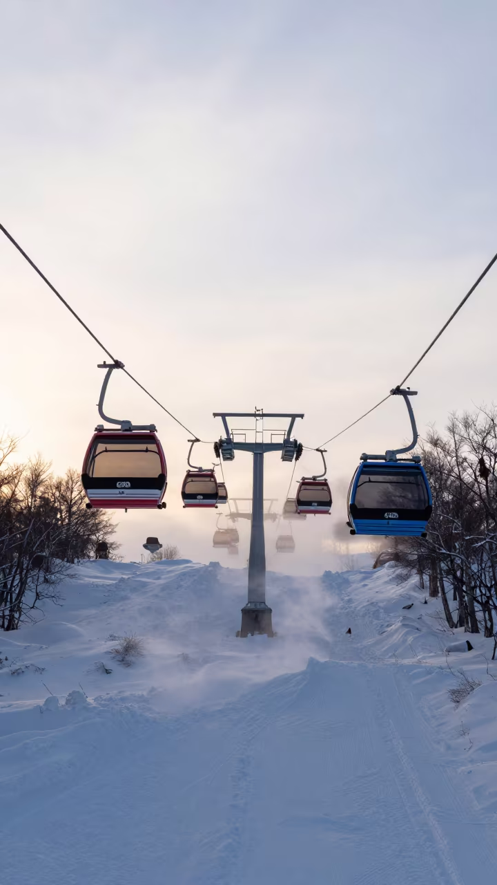 Gondola Lift Ascending at Dawn Above Sapporo in beside a lift tower above corduroy snow near Sapporo