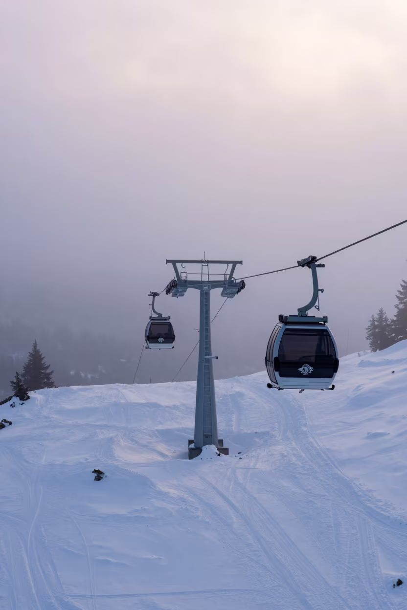 Gondola Lift Rising Through Mist at Dawn in beside a lift tower above corduroy snow near Queenstown