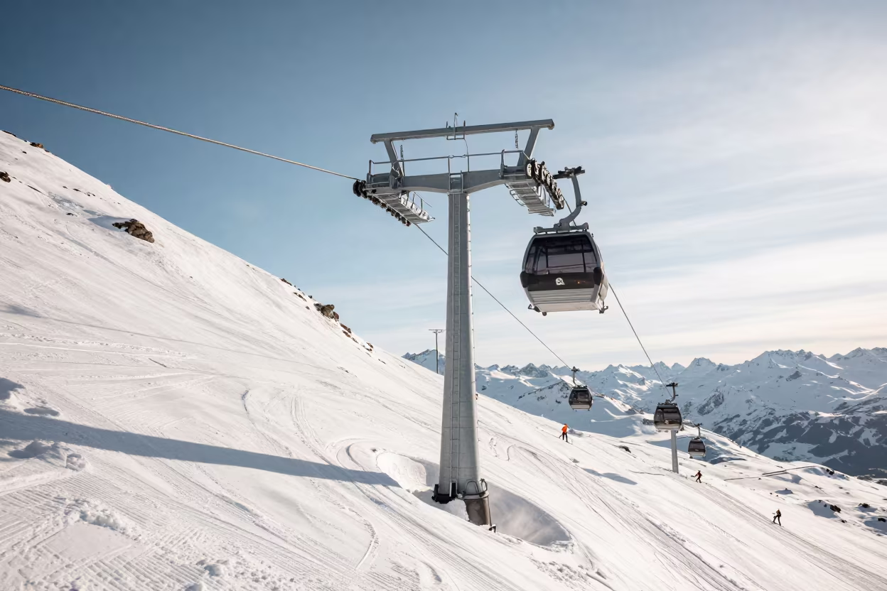Gondola Lift Over Corduroy Snow in Queenstown in beside a lift tower above corduroy snow near Queenstown