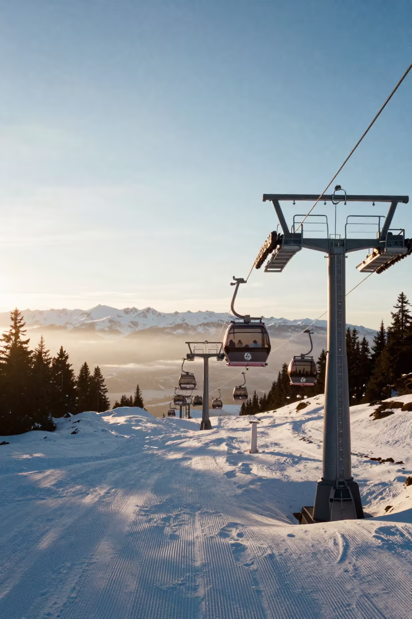 Gondola Lift Rising Over Queenstown Dawn in beside a lift tower above corduroy snow near Queenstown