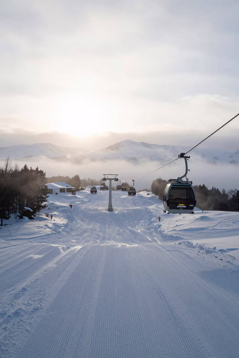 Gondola Lift Rising Over Queenstown Slopes at Dawn in on a groomed ski slope before opening near Queenstown
