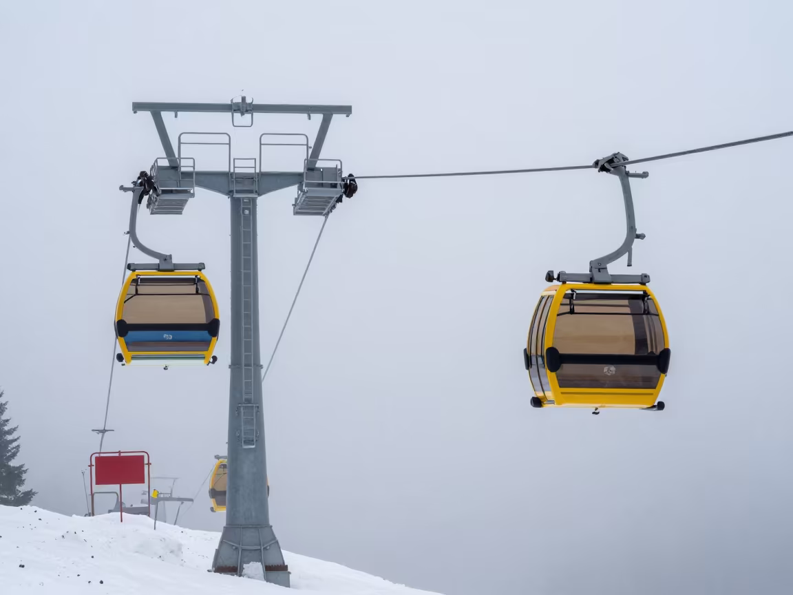 Gondola Lift Rising Through Early Summer Mist in beneath a chairlift on a snow-packed run near Innsbruck