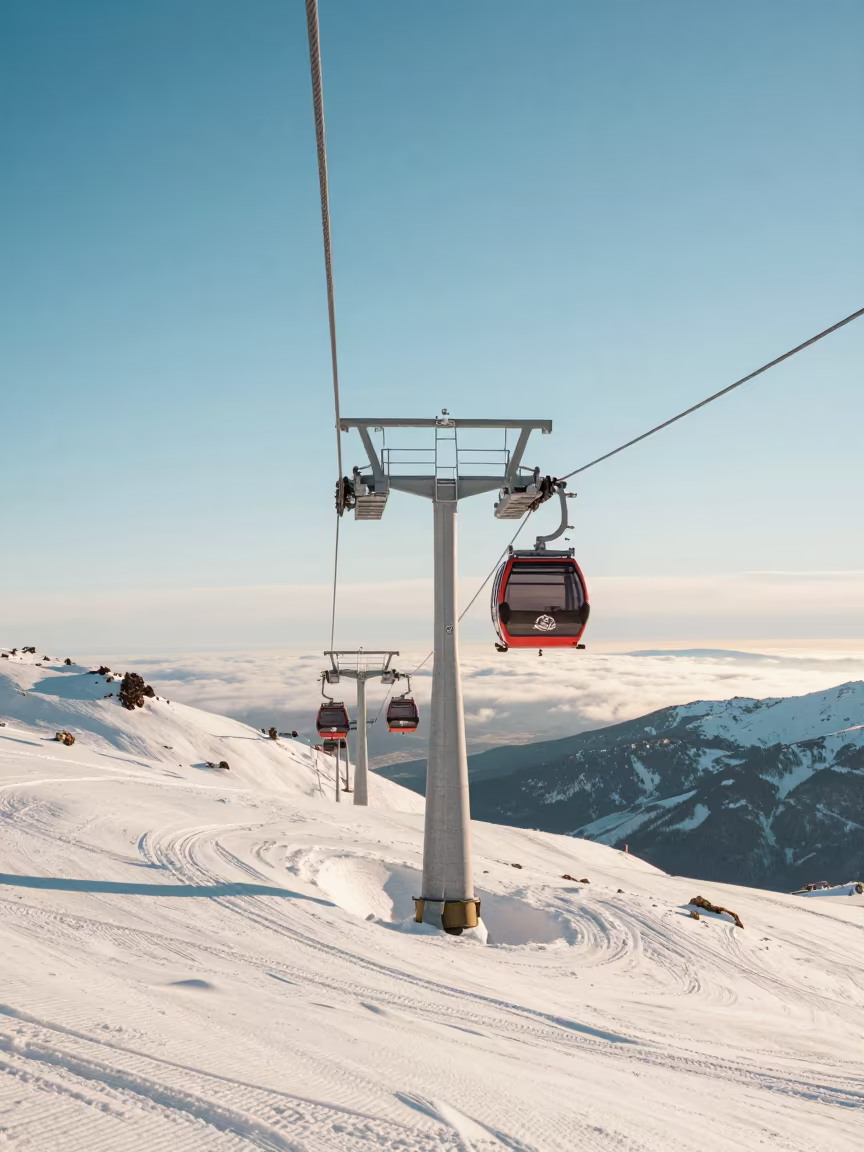 Gondola Lift Tower on Corduroy Snow Banff in beside a lift tower above corduroy snow near Banff