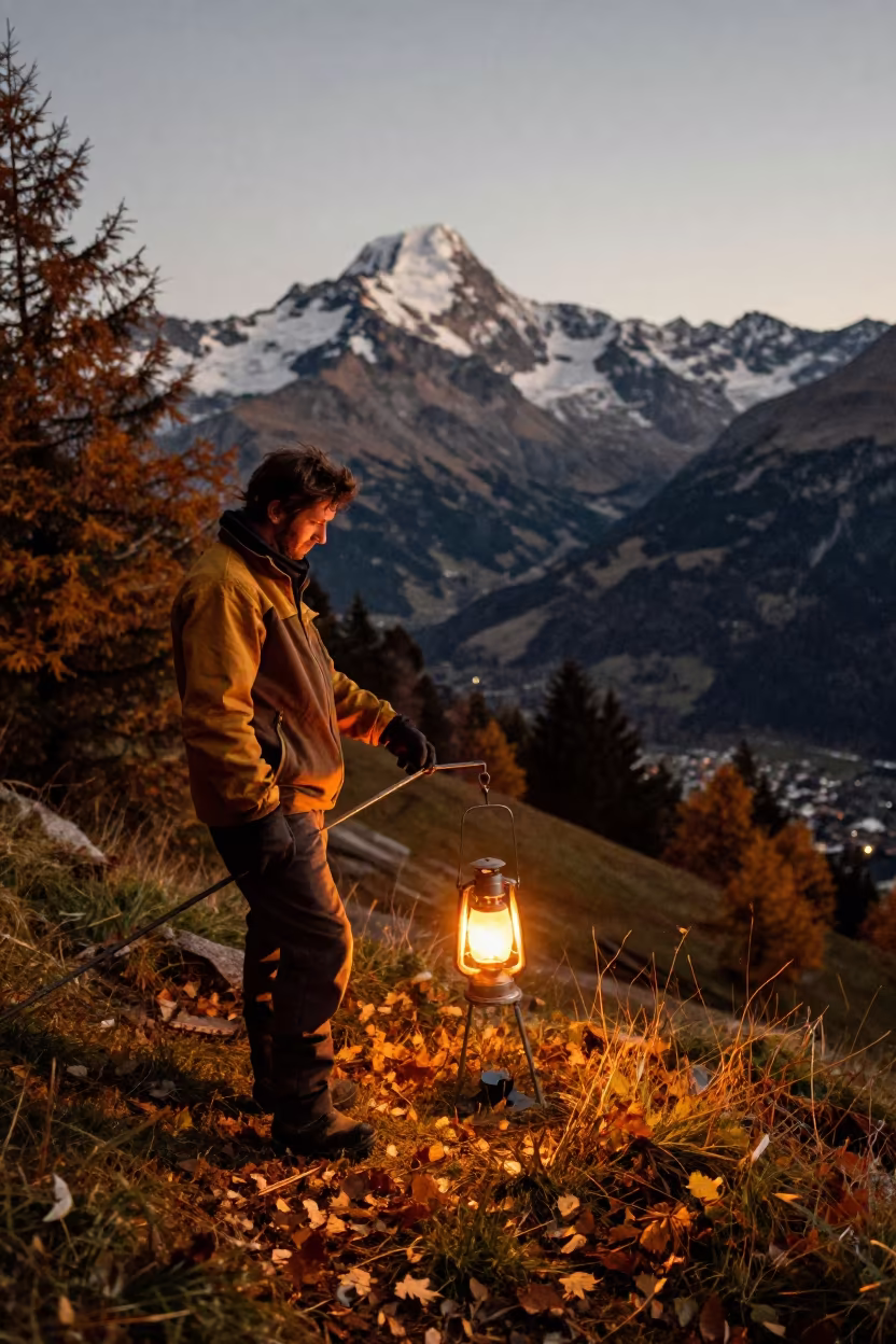 Gondola Maker in Alpine Autumn Light in on an alpine piste at first light near Innsbruck