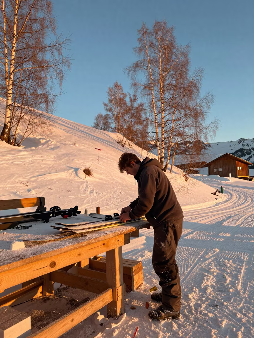 Gondola Maker at Alpine Piste Golden Hour in on an alpine piste at first light near Banff