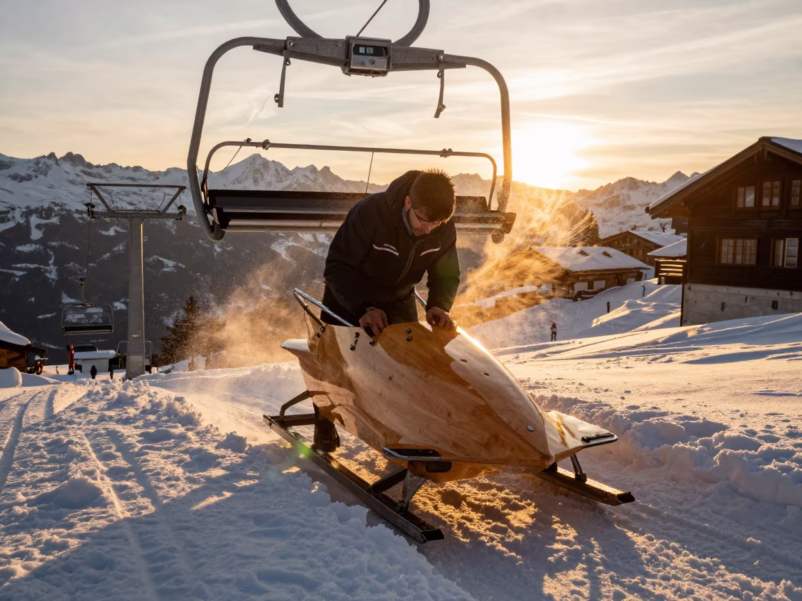 Gondola Maker in Alpine Sunset Workshop in beneath a chairlift on a snow-packed run near Interlaken