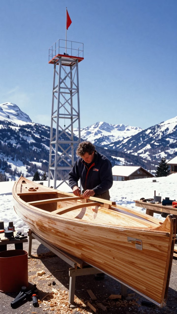 Gondola Maker in Alpine Workshop Above Snow in beside a lift tower above corduroy snow near Interlaken