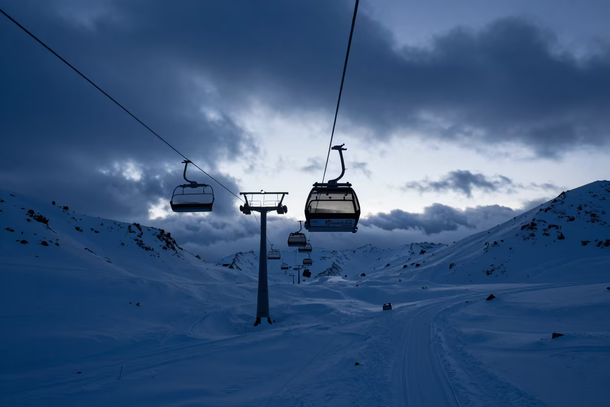 Gondola Silhouette Under Winter Chairlift in beneath a chairlift on a snow-packed run near Queenstown