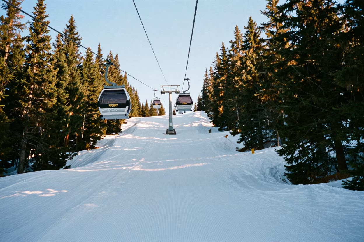 Gondola Rising Through Summer Foliage on Ski Slope in on a groomed ski slope before opening near Banff
