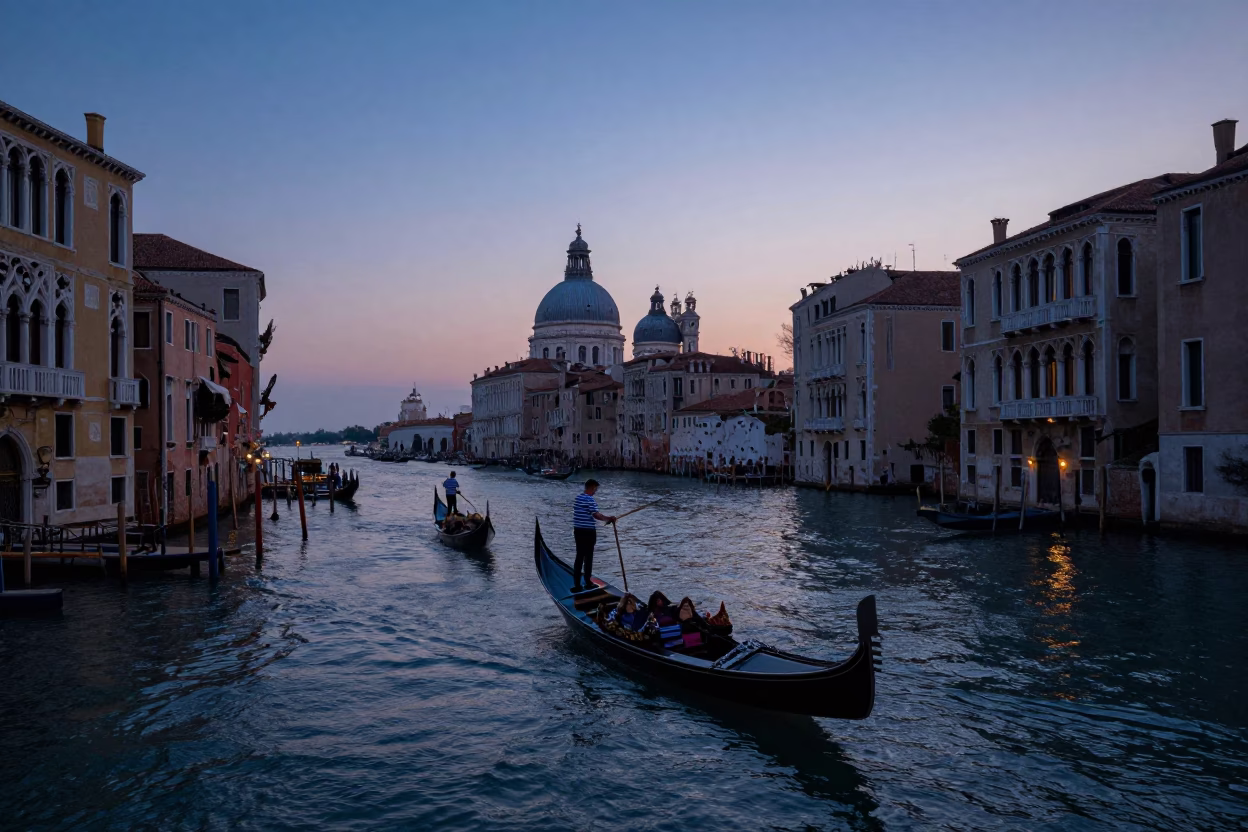 Gondolas Gliding in Venice at Indigo Twilight After Sunset in in Venice, Italy
