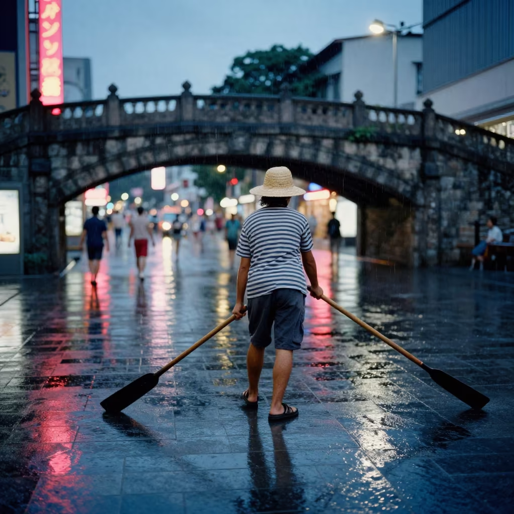 Gondolier Blue Hour Harajuku Rain in at a public square in Harajuku, Tokyo