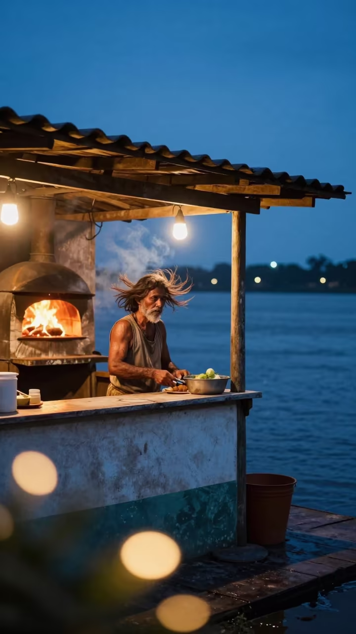 Gondolier in Blue Hour Twilight Near Belem Bakery in near a riverside landing in Belem