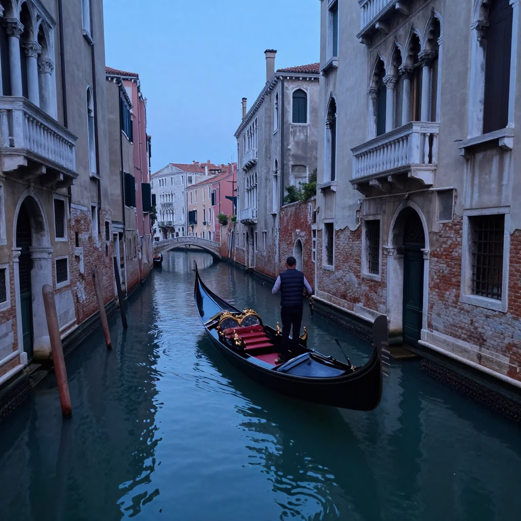 Gondolier in Venice at Early Morning Light in in Venice, Italy