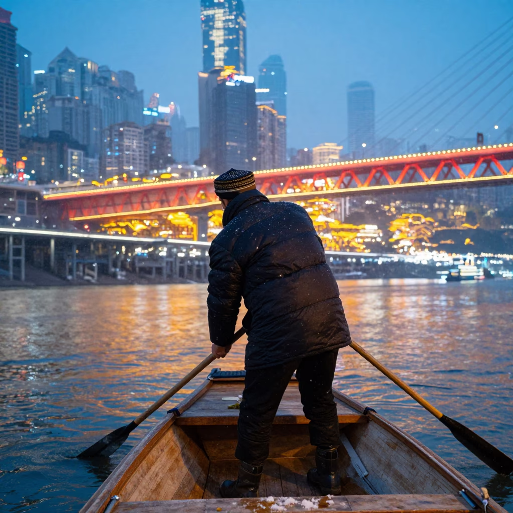 Gondolier Oar Stroke Near Chongqing Winter Evening in near Chongqing