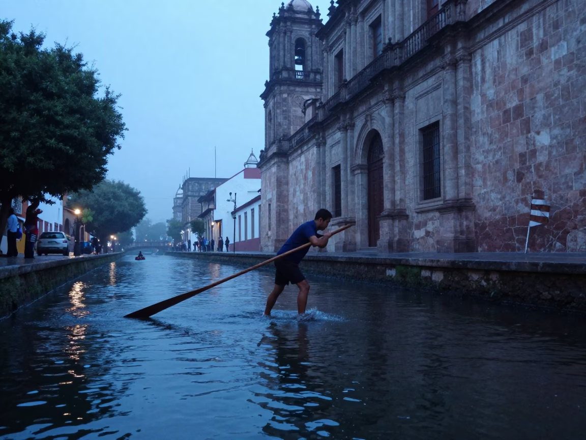 Gondolier Oar Stroke in Queretaro Twilight Fog in in Santiago de Querétaro