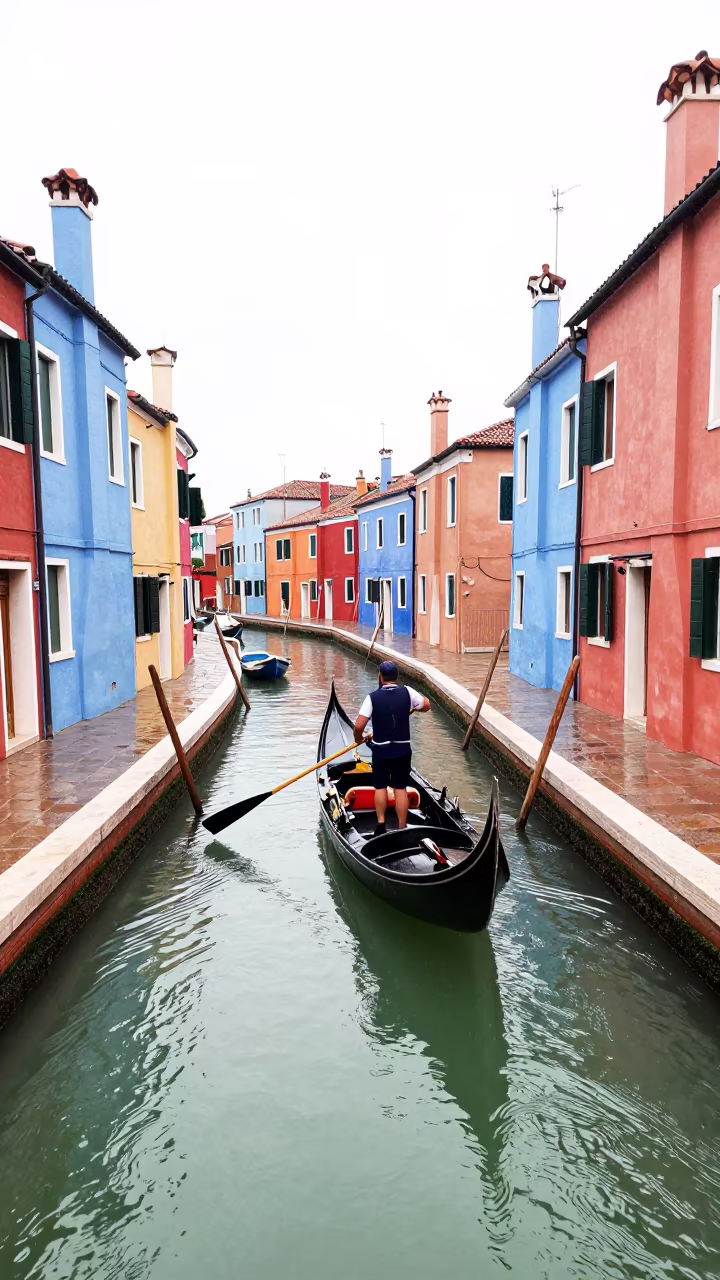 Gondolier Rowing Burano Canals Midsummer Drizzle in in Burano, Venice