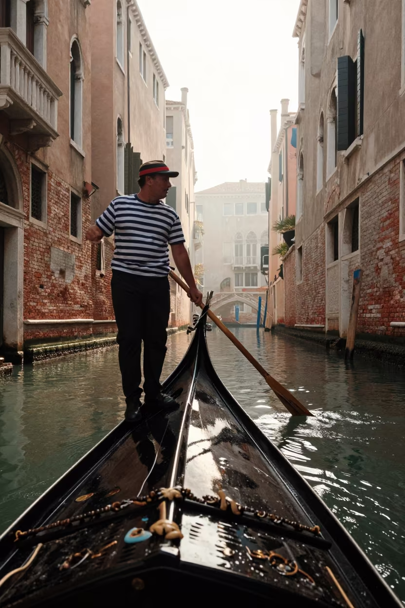Gondolier Rowing in Cannaregio at Dawn in in Cannaregio, Venice