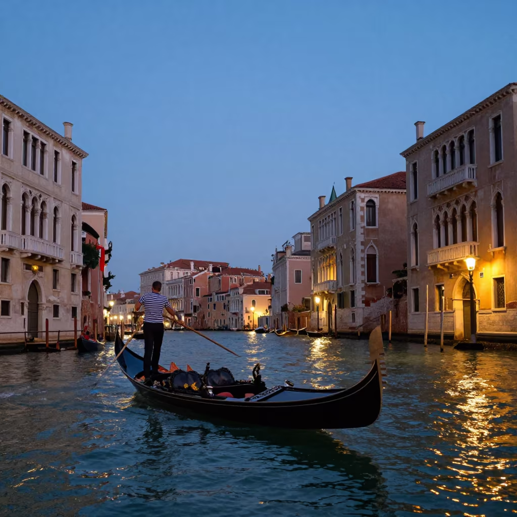 Gondolier Rowing at Dusk in Venice in at a public square in Venice