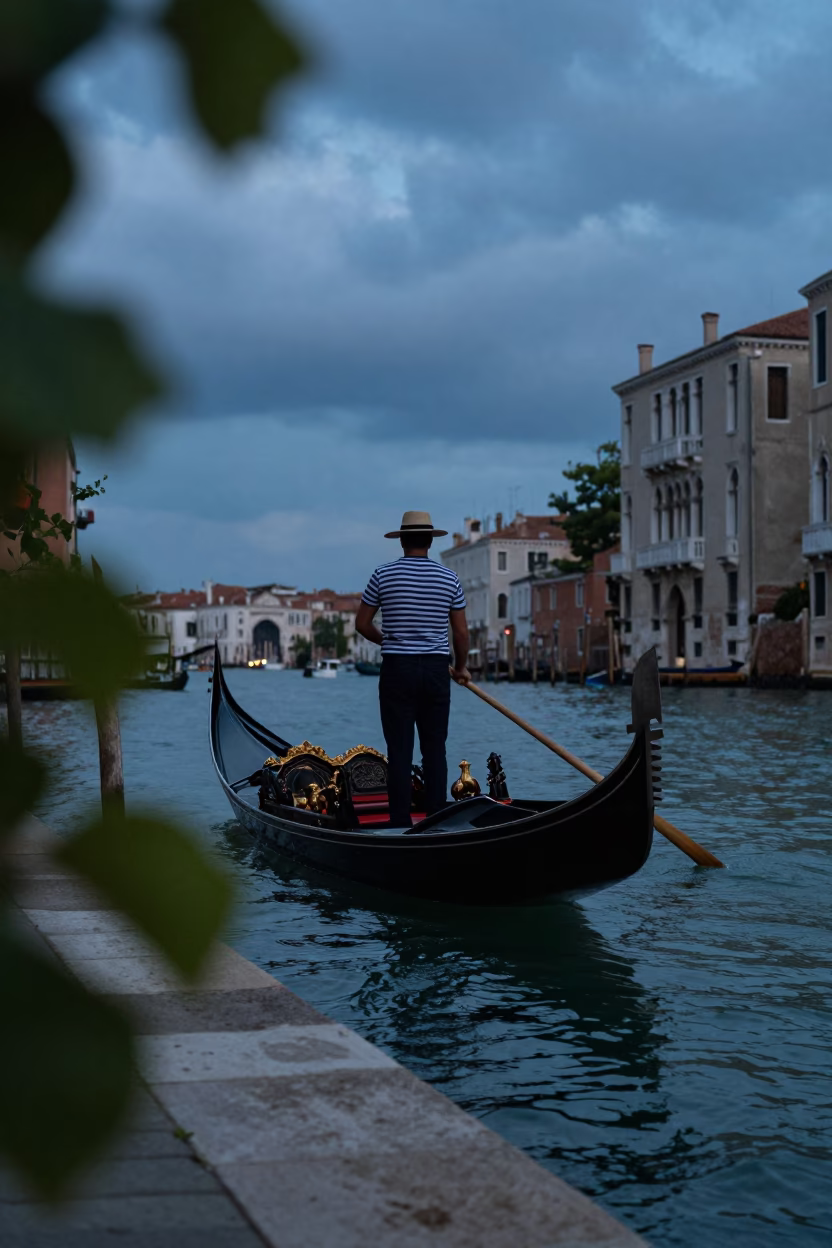 Gondolier Rowing Through Twilight Waters in Venice in near Venice