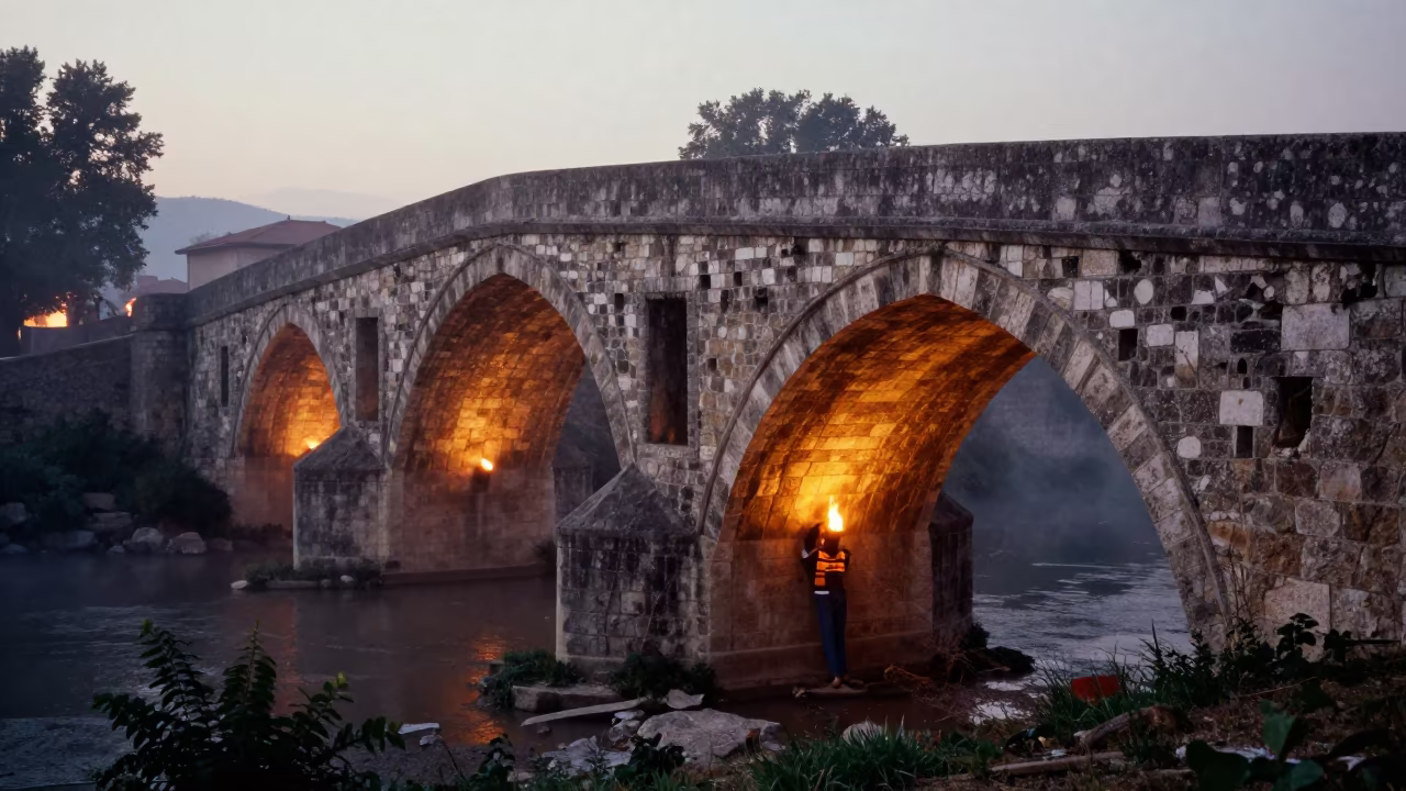 Gondolier Rowing Under Stone Bridge Before Dawn in in Ortahisar