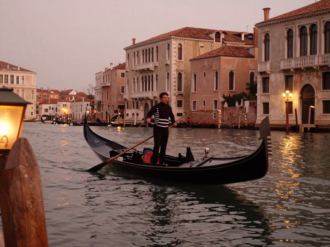 Gondolier Rowing in Venice Before Dusk in in Venice