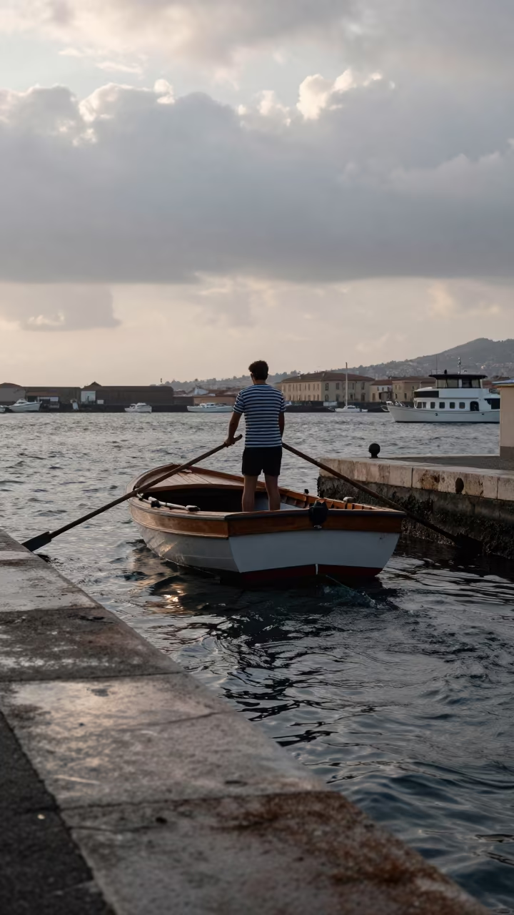 Gondolier Steering Canal Naples Early Morning in at a harbor edge in Naples