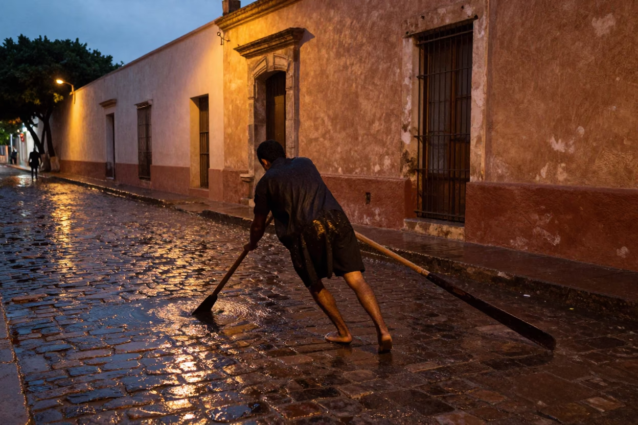 Gondolier in Zapopan Evening Firelight in in the old quarter in Zapopan
