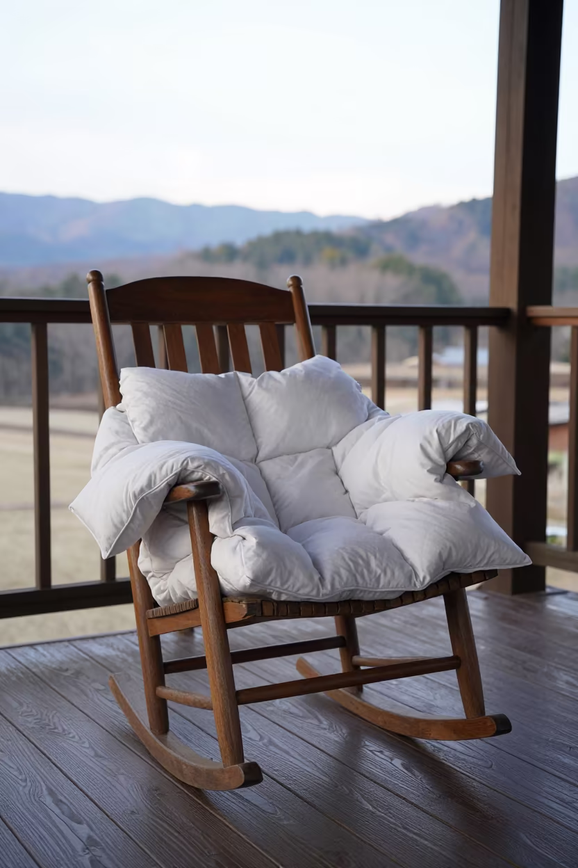 Goose Down Duvet on Sendai Winter Porch in on a porch with a rocking chair in Sendai