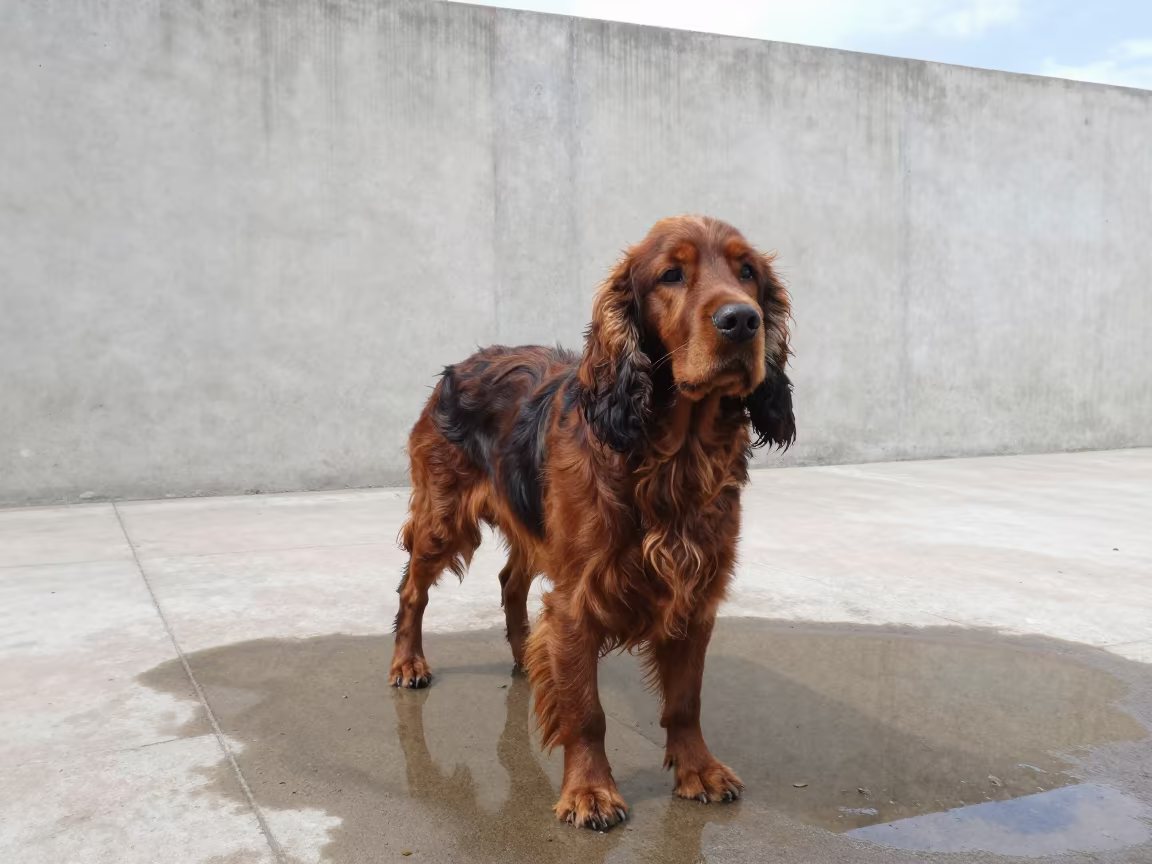 Gordon Setter Beside Plain Wall in Xining Yard in beside a plain courtyard wall in clear daylight with the animal at eye level in Xining