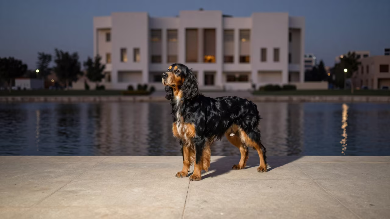 Gordon Setter in Asyut Twilight by Water in along a quiet park path with soft open shade and a clean background in Asyut